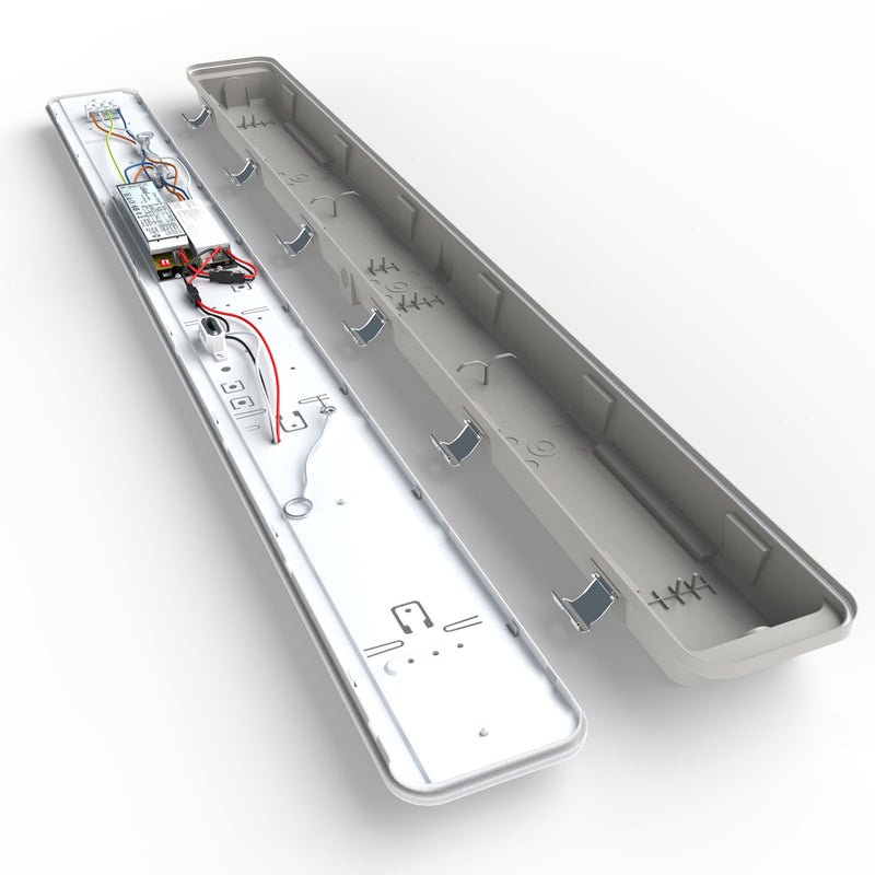 full shot of the inside of a 40w IP65 CCT LED batten with Emergency Module, 120CM
