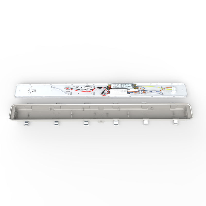 inside a 60w CCT IP65 LED batten with emergency module, 150cm