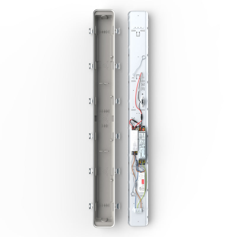 inside a 60w CCT IP65 LED Batten with microwave sensor and emergency module, 180cm