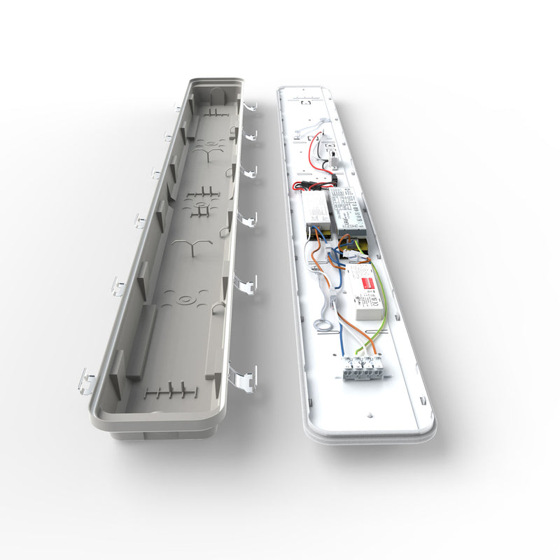 inside a 40w CCT IP65 LED batten light with microwave sensor and emergency module