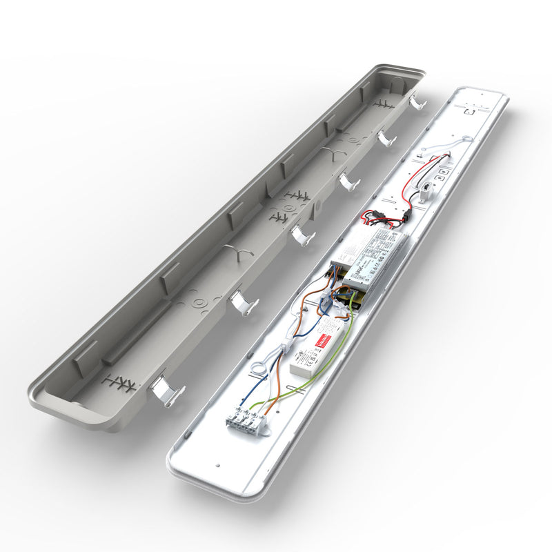 side full shot of the inside of a 40w CCT IP65 LED batten light with microwave sensor and emergency module