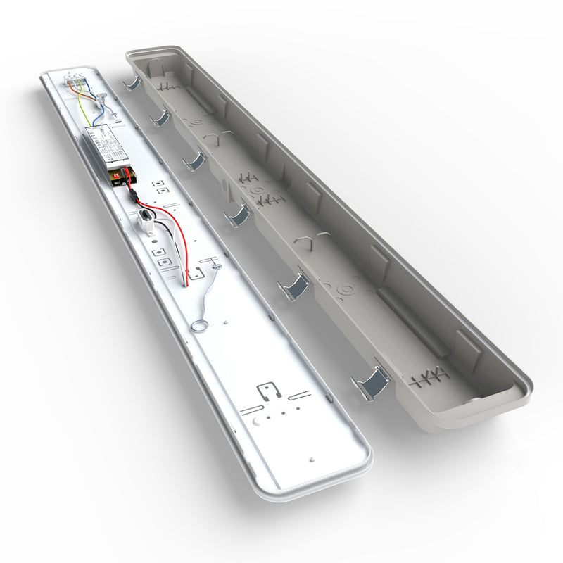 full shot of the inside of a 40w CCT IP65 LED Batten, 120cm