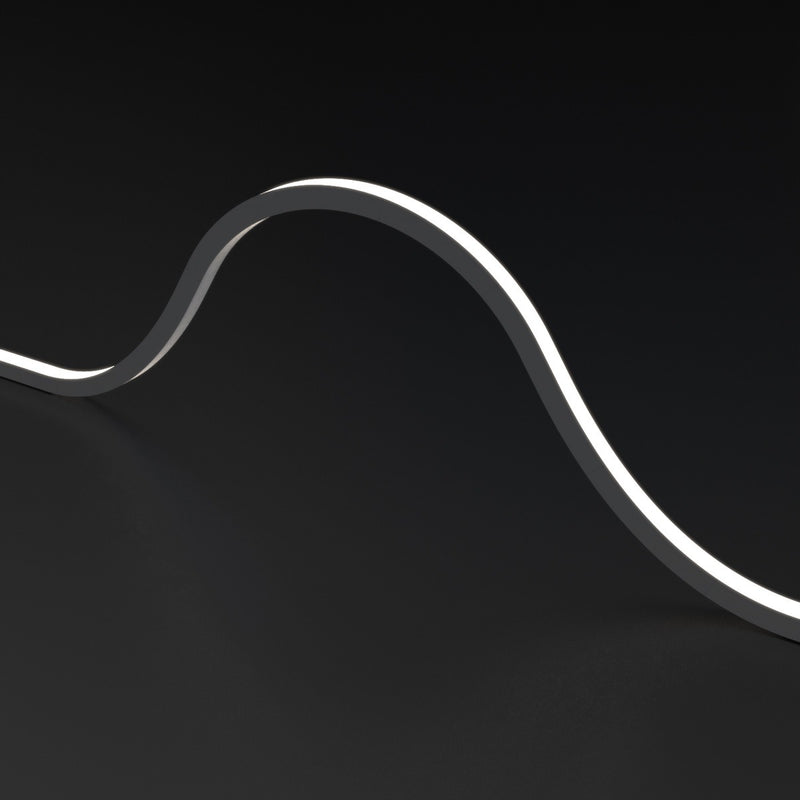 natural white top bending neon flex arched close up in black background
