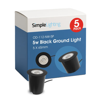 Pack of 5 Black 65mm LED Ground Lights – 5W, 4000K Natural White, IP67, 30° Beam