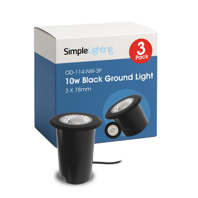 Pack of 3 Black 78mm LED Ground Lights – 10W, 4000K Natural White, IP67, 240V