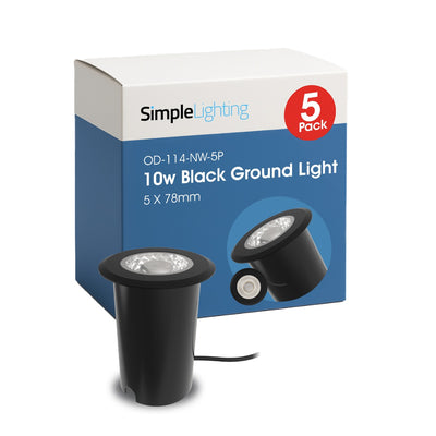 Pack of 5 Black 78mm LED Ground Lights – 10W, 4000K Natural White, IP67, 240V
