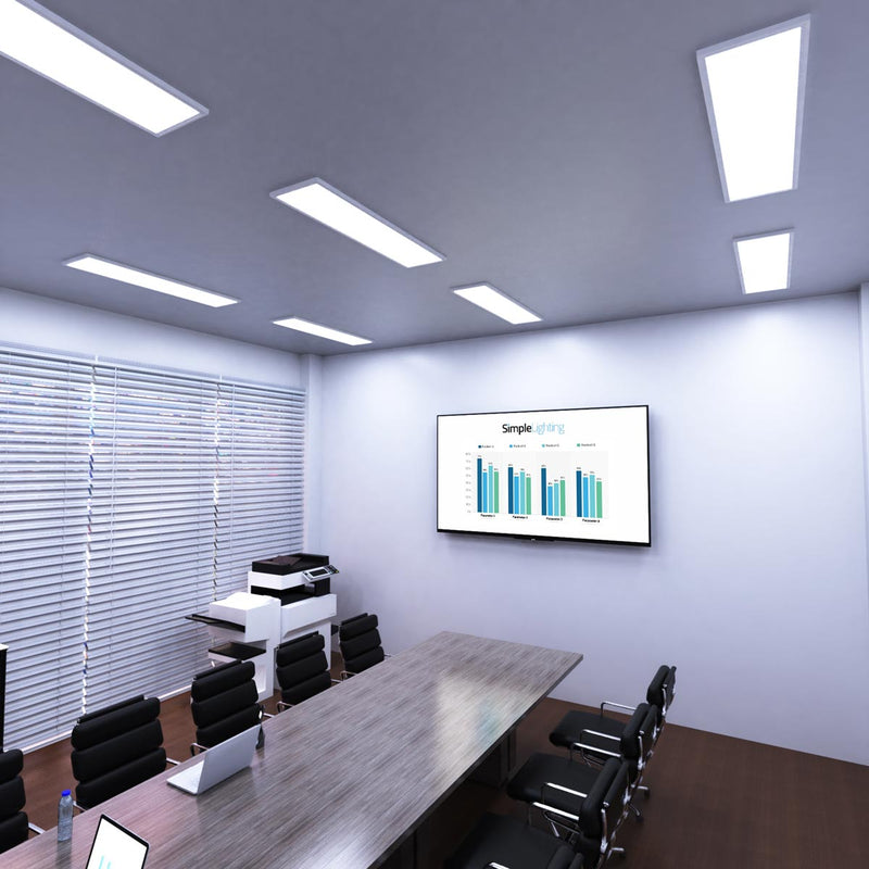 conference room that has surface-mounted LED panels with cool white light