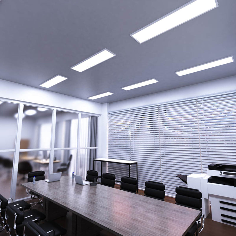 mid shot of a conference room that has surface mounted 1200x300 LED panels with cool white light