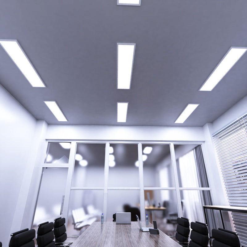 full shot of a conference room that has mounted LED panel lights with cool white light
