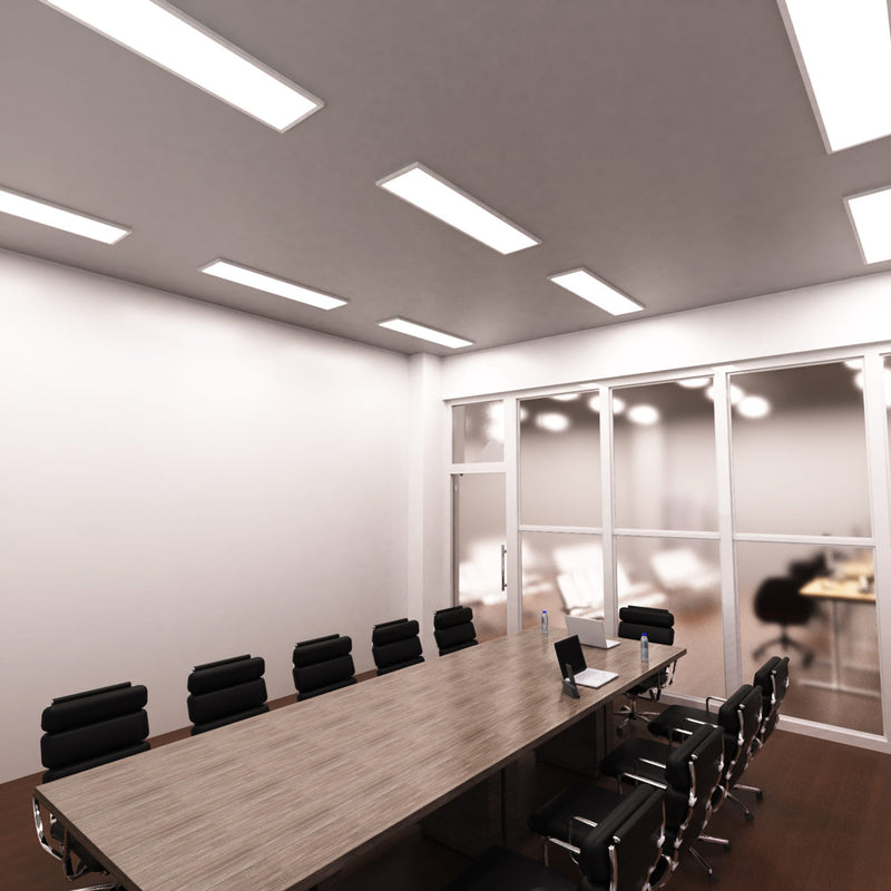 full shot of a conference room that has surface mounted LED panels with cool white light