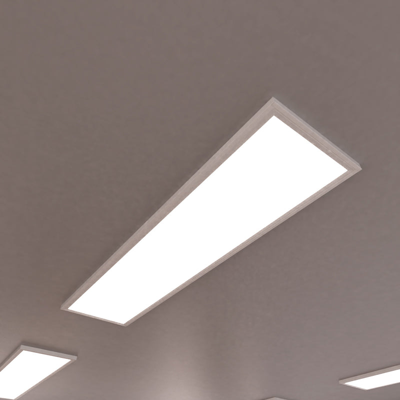 close up of a ceiling with surface-mounted LED panels with natural white light