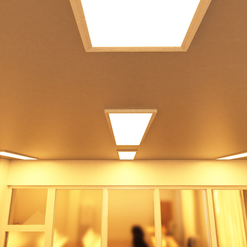 mid shot of a conference room that has surface mounted LED panels with warm white light