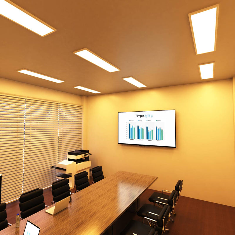conference room that has surface-mounted LED panels with warm white light
