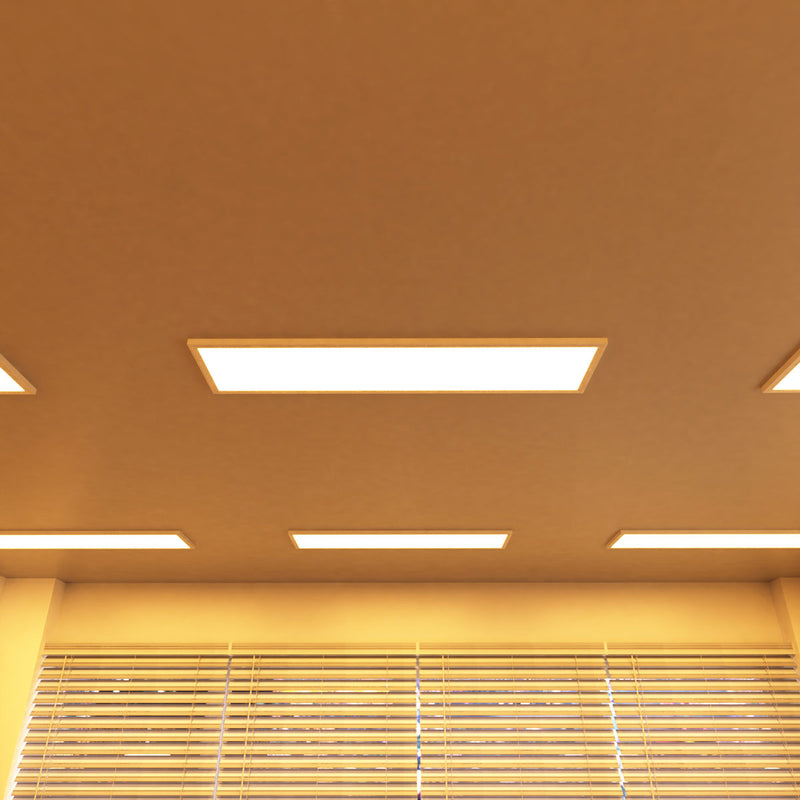 ceiling with surface-mounted LED panels with warm white light