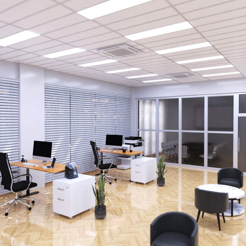 office space with mounted 1200 x 300mm led panel lights in cool white light