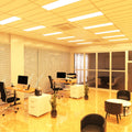 office space with mounted 1200 x 300mm led panel lights in warm white light