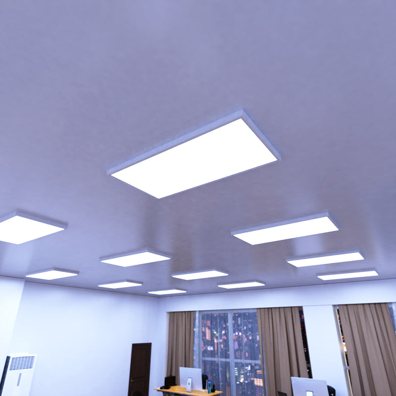 mid shot of a workspace that has mounted 1200mm x 600mm  panel lights with cool white light