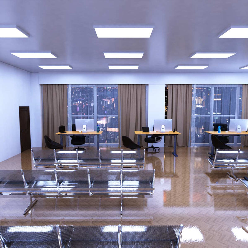 workspace that has surface-mounted LED panels with cool white light