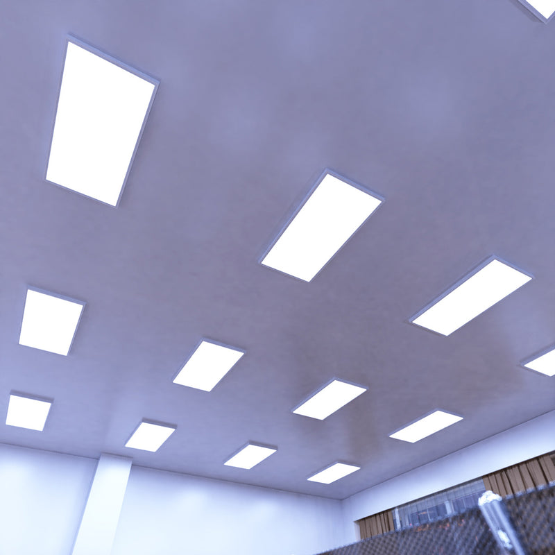 ceiling of a workspace that has surface-mounted LED panels with cool white light