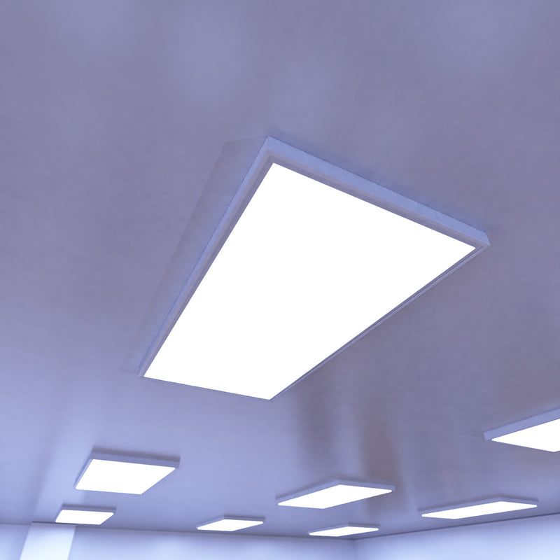 ceiling that has surface mounted LED panel lights with cool white light