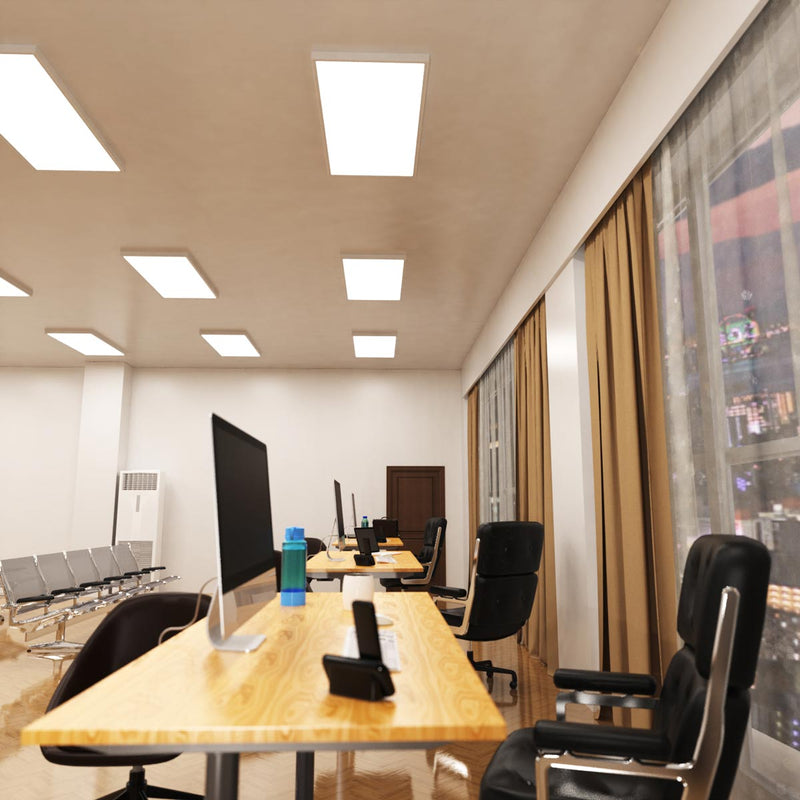 side shot of a workspace that has mounted 1200mm x 600mm  panel lights with natural white light