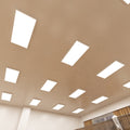 ceiling of a workspace that has surface-mounted LED panels with natural white light