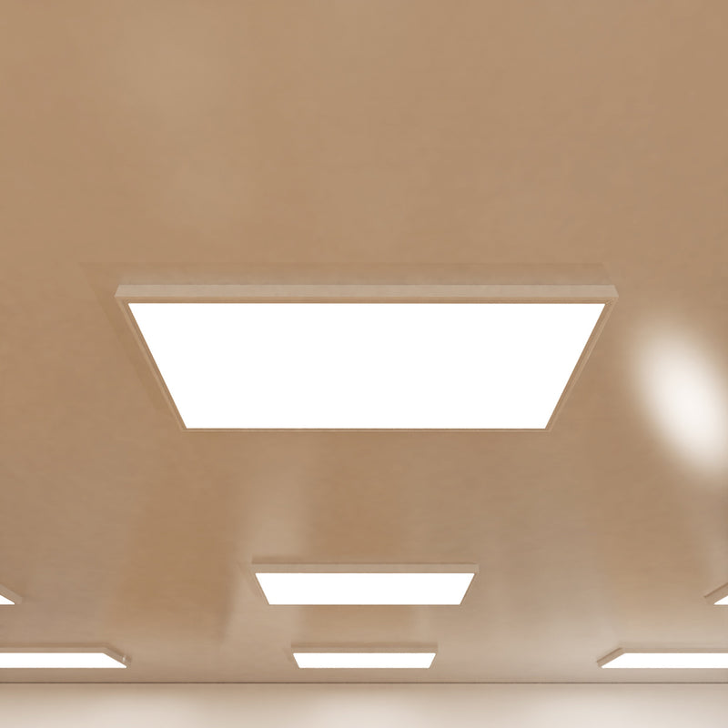 close up of a ceiling that has surface-mounted LED panels with natural white light