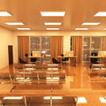 workspace that has surface-mounted LED panels with warm white light
