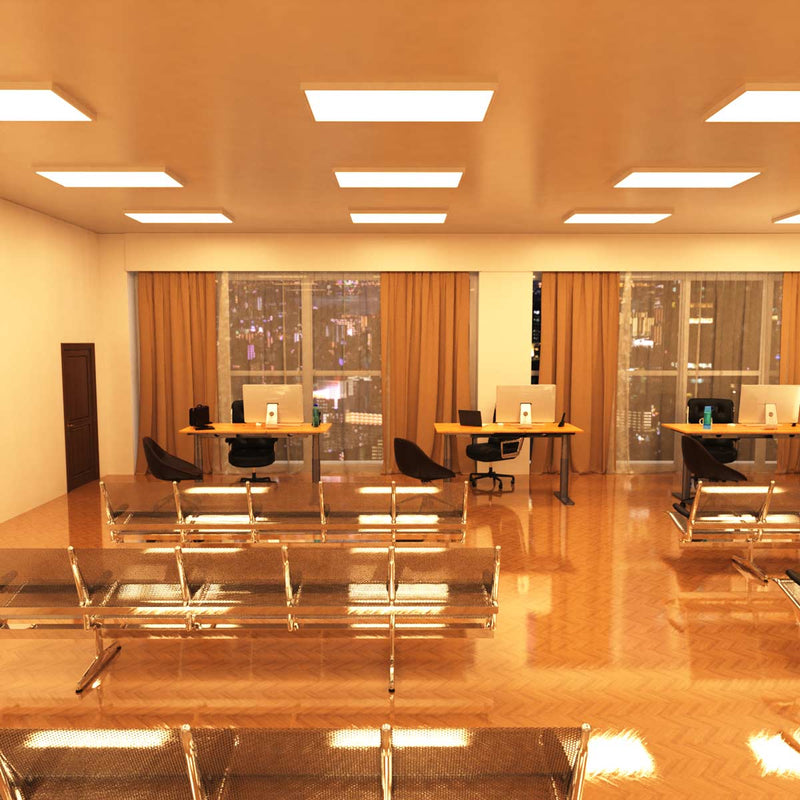 workspace that has surface-mounted LED panels with warm white light