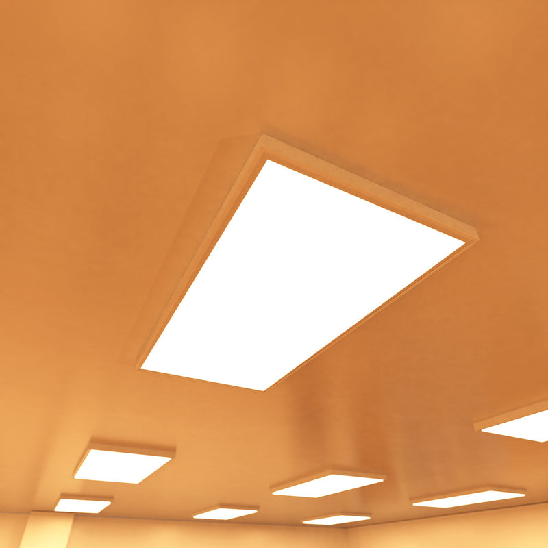 ceiling that has surface mounted LED panels with warm white light
