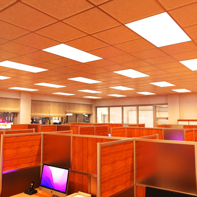 side shot of an office with warm white LED panels