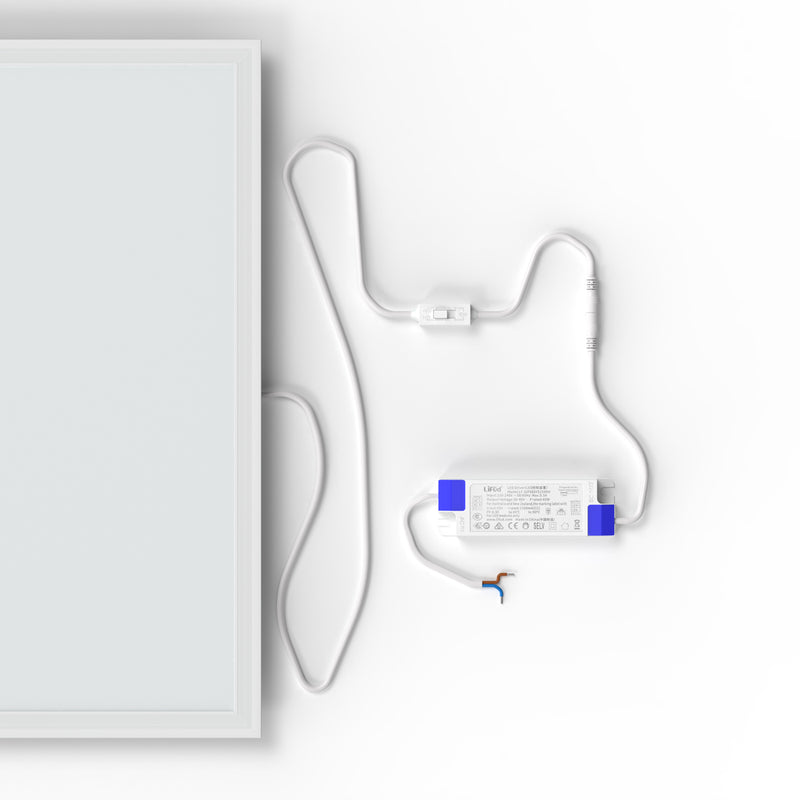 close up of a 1200x600mm LED panel connected to a driver