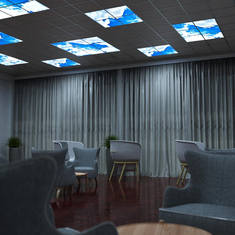 lobby with mounted skylight LED panels