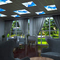lobby with LED panel lights with cloud projection and open curtains