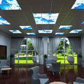 lobby with mounted skylight LED panels and open curtains