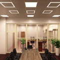 full shot of an office with edge-lit LED panels in natural white light