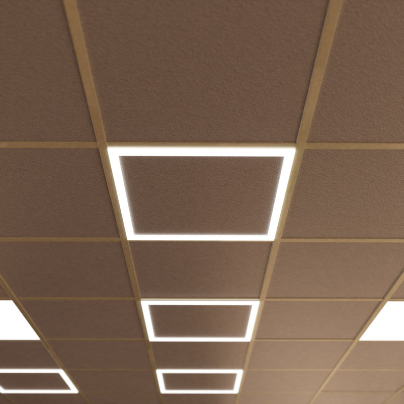 mid close-up of a ceiling with edge-lit LED panels in natural white light