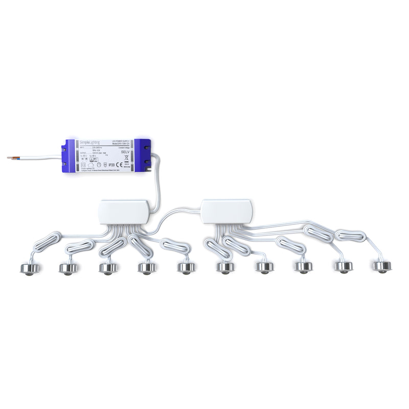 top view of a pack of 10 LED plinth lights with LED driver