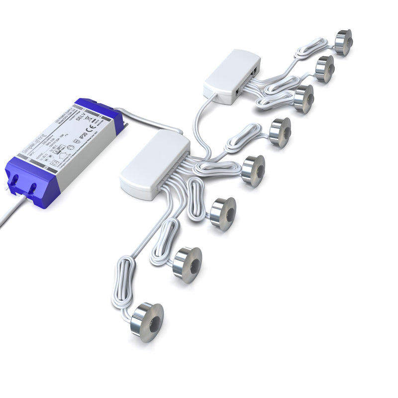 side full shot of a pack of 8 LED plinth lights with brushed chrome finish