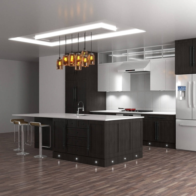 Full shot of a kitchen with LED plinth lights in natural white light