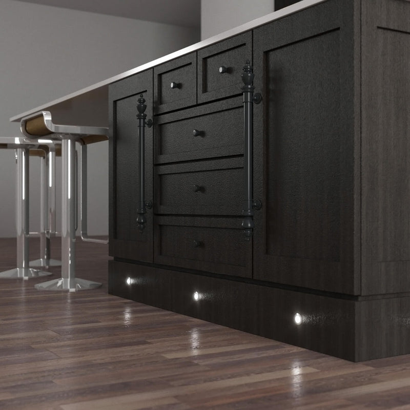 Sideview of LED plinth light on a kitchen island