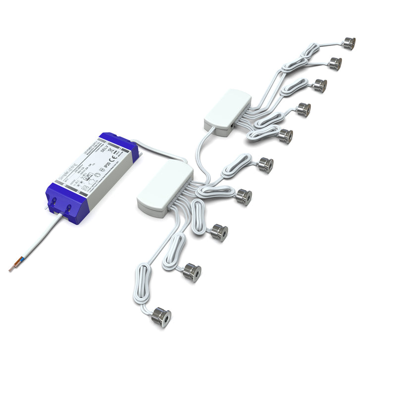 side view of a pack of 10 microdot LED plinth lights with an LED driver