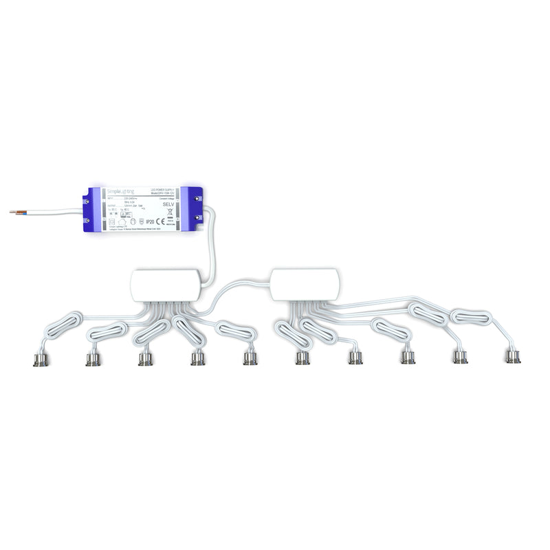 top view of a pack of 10 microdot LED plinth lights with an LED driver