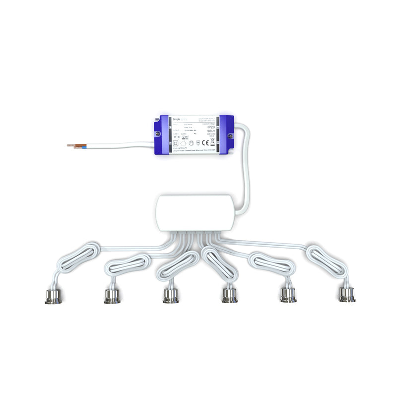 flat view of a pack of 6 microdot LED plinth lights with LED driver