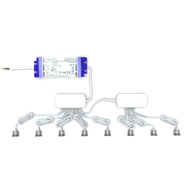 top shot of a pack of 8 microdot LED plinth lights with an LED driver