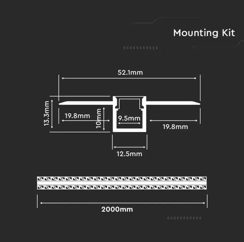 Plaster In Aluminium LED Profile, 2m long black schematic diagram showing dimensions.