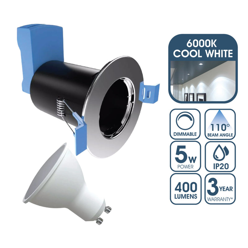 Fire Rated Downlight, GU10, Fixed - Polished Chrome Finish With 5w GU10 Dimmable Cool White Bulb
