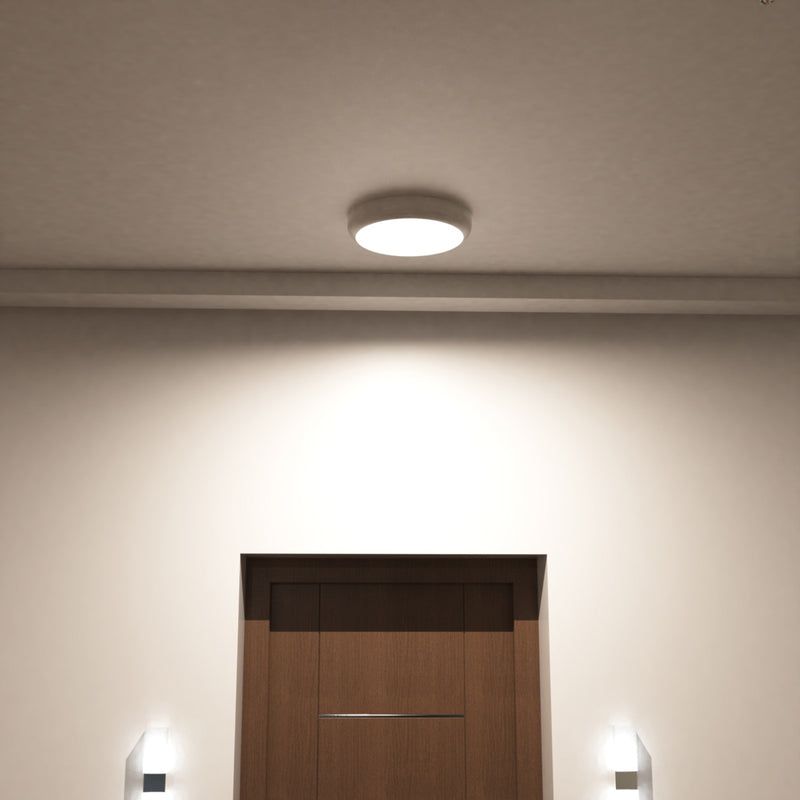 mid close up of a mounted LED bulkhead light with natural white light