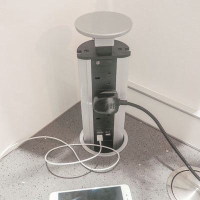 Pop Up Plug Socket, Silver Top with USB Charging & 3 x UK Plug Sockets