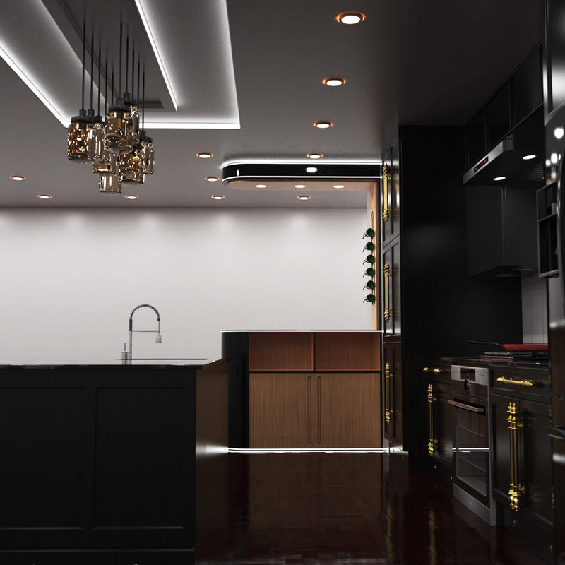 full shot of a kitchen with bendable black profile - no background lights